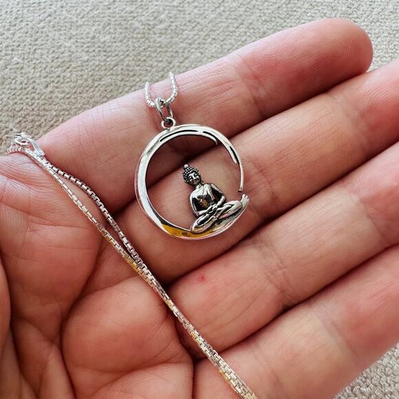 Sterling Silver Buddha Necklace, Circle Pendant, Yoga Necklace - Picture 3 of 5